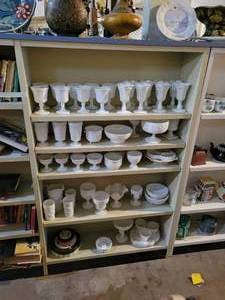 Contents of (5) Shelves - Milk Glassware - Shelves are about 36 Wide Each