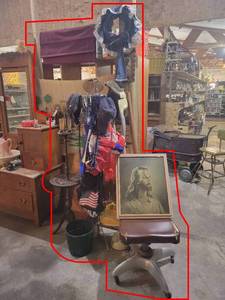 Vintage Lamp, Rack w Hats, Office Chair, Hula Dancer Tapestry and More
