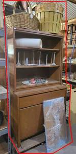 Wood Hutch w Contents - Prints, Baskets and More - Hutch is about 65 x 36 x 19 and Includes the Glass