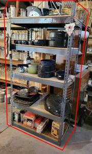 Metal Shelf w Contents - Roasters, Silverplate, Music Stands and More - Shelf is about 72 x 36 x 18