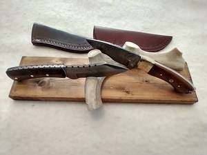lot 93 image: Antler Display & Two Damascus Steel Knives