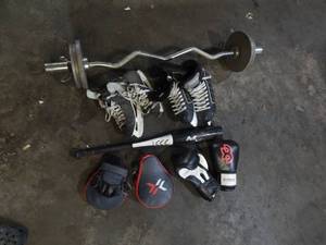 Assorted Sporting Goods, Weight Bar With 40 Lbs Of Weights, Skates CCM Hespeller Size 10, Bat, Boxing Pads