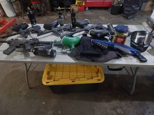 Large Lot of Paint Ball Equipment, Guns, Hoppers, CO2 Containers, More With Tote & Lid
