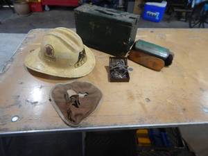 Vintage MCVFD Asst. Chief Bullard firemans Helmet & Mask, Vintage keys, Vintage Ammo. Box With Shoe Shine Related