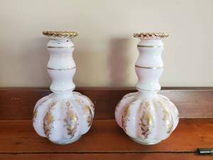 White Opalescent Candle Holders With Cranberry Glass Inside