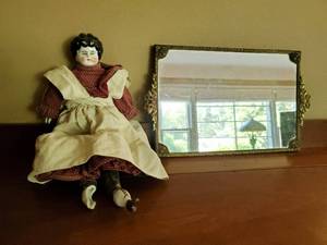 Antique Porcelain Doll And Mirror Vanity Tray