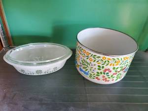 Enameled Pot And Glasbake Casserole Dish