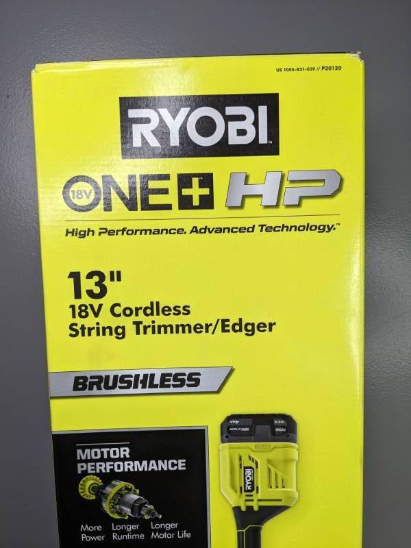 lot 22A image: Brand New Ryobi ONE HP 18V Brushless 13 in. Cordless Battery String Trimmer with 4.0 Ah Battery & Charger 