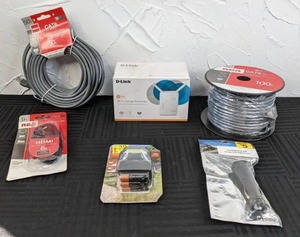 lot 73 image: NEW Items 50 ft. & 100 ft. Cat 6 Network Cable, 6 ft. HDMI Cable, LED Headlamp, D-Link WiFi Range Extender, Car Adapter to USB