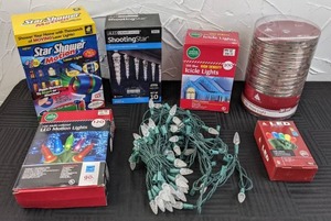 lot 50 image: (7) Sets of Christmas Lights  Star Shower Motion Laser Light, Shooting Star LED Lights, Rope Lights, LED Motion Lights, and More