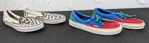 lot 52 image: (2) Pairs of VANS Shoes Black & White Checkerboard Slip Ons (M 5W6.5) and Multi-Colored Lace-Ups (M5.5W7)