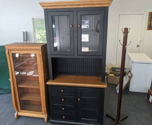 lot 68 image: Two-Piece Hutch, Glass Front Cabinet, and Coat Rack