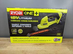 lot 19A image: Brand New Ryobi ONE 18V Cordless Battery Grass Shear and Shrubber Trimmer with 1.3 Ah Battery and Charger 