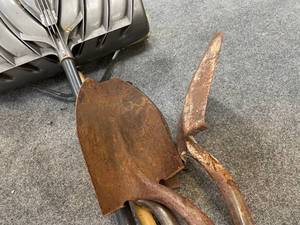 lot 91 image: LawnYard Tools  Scoop Shovel, (2) Digging Shovels, Snow Shovel, and a Push Broom