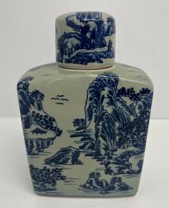 Vintage Chinese Pottery Blue On Blue Pocelain Jar With Lid 9 x 6 x 3 (No Chips Or Cracks)