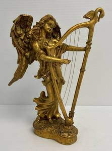 13 12 Gold Tone Resin Angel Playing Harp Statue (No Chips Or Cracks)