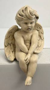 12 Cement Sitting Cherub Garden Statue Chipped Paint Lower right Wing Tip (Can Be Fixed)