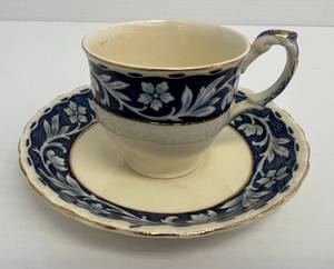 Antique Elysian Demitasse Tea Cup Saucer Navy Blue England Floral  (No Chips Or Cracks) 5 Saucer  2 14 x 3 Cup