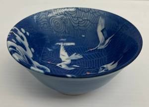 Vintage Japanese Blue And White Rice Bowl Cranes Over Water Design (No Chips Or Cracks) 6 x 3