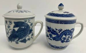 Two Vintage Chinese Blue & White Tea Cups With Lids 1 Koi Theme And 1 Dragon Theme Both 5 x 3 12 (No Chips Or Cracks)