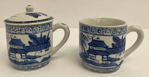 Vintage Chinese Blue & White Tea Cup With Oriental Theme 3 18 x 3 (No Chips Or Cracks)