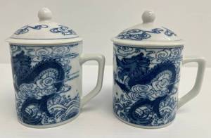 Two Vintage Chinese Blue & White Tea Cups With Lids Dragon Theme Both 5 x 3 12 (No Chips Or Cracks)