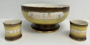 Vintage Colonial Co. Three Piece Set 2 Mugs And Bowl All Have Gold Wore Off And Paint Chips But Still Cool Bowl Is 12 x 6 Mugs Are 3 14 x 3 14