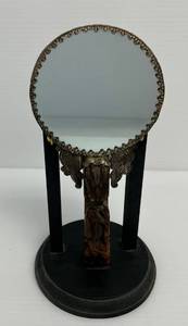 Antique Ornate Oriental Hand Mirror Soap Stone Handle Carved And Possible Silver Back With Dragon Theme With Holder 8 34 x 4