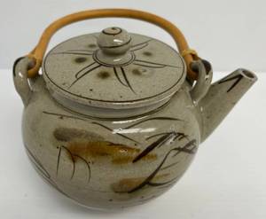 Possibly Mashiko Ware Pottery Tea Pot With Bamboo Handle 8 x 6 12 (No Cracks Or Chips Present)