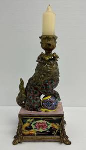 Antique Porcelain And Brass Foo Dog Candle Holder 13 x 6 12 x 5 12 (One Top Corner Repaired)