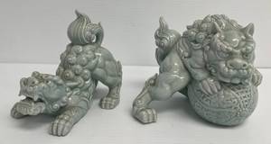 Pair Of Antique Chinese Celadon Porcelain Foo Dogs (No Cracks Or Chips Present) 6 x 5 12