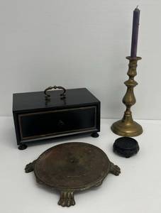 Group Of Misc. Vintage Including Brass Candle Holder, One Drawer Chest, Solid Brass Bass And More