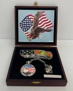 Decorative Pocket Watch And Knife Set With U.S. Flag And Eagle Design In Wood Box 6 x 5 12
