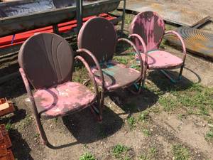 lot 107 image: 3 Vintage Pressed Steel Lawn Chairs