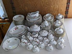 lot 105 image: Vintage Collection of Noritake Japan Rosemarie China Dinner Plates, Salad Plates, Tea Cups, Saucers, Tea Pot, Sugar & Creamer Holder and More