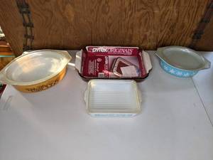 lot 118 image: NEW Pyrex Originals Oblong Baking Dish, White Snowflake Oval Dish, Oval and Square Baking Dish with Covers