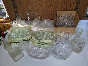 lot 200 image: Assortment of Clear Cut Glass Cups, Bowls, Serving Plates, PitcherJug, Divided Dish and More