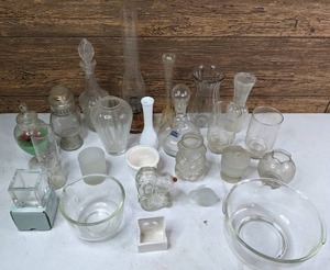 lot 296 image: Large Assortment of Glass Vases, Candle Holders, Vintage Decanters and More