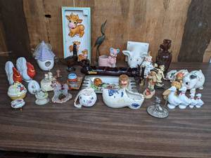 lot 315 image: Assorted Small Glass and Ceramic Decor - Animal Figurines, Avon Aftershave Bottle, Piggy Banks, JewelryTrinket Boxes, and more