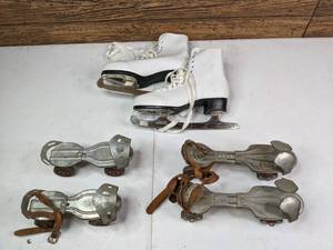lot 322 image: White Ice Skates (Size 7) and (2) Pairs of Vintage Metal Roller Skates