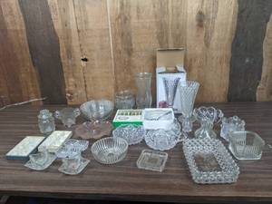 lot 279 image: A Collection of Crystal and Glass Dishes, Vases, and Two-Piece Entertainment Silverware and Bowl Set