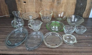 lot 285 image: Assorted Glass Pyrex Serving Dishes and Glassware Relish Tray, Pitcher, Cake Stand and More
