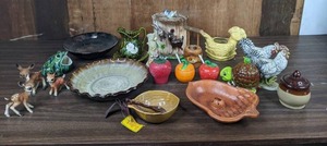 lot 266 image: An Assortment of Ceramic and Clay Figurines, Dishes, Jars, Pitcher, Plates