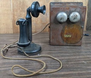 lot 230 image: Antique Monarch Telephone Manufacturing Co., Metal Candlestick Phone w Receiver & Antique Hand Cranked Wooden Case Wall Phone
