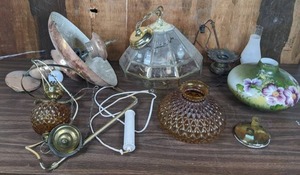 lot 237 image: Assortment of Vintage Light Fixtures and Parts Hand-Painted Glass, Amber Glass, Copper and More