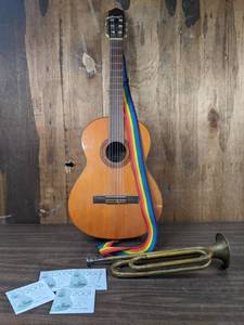 lot 330 image: Vintage Bugle, Yamaha G-60A Classical Guitar, and Extra Strings