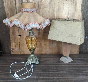 lot 235 image: Two Vintage Lamps Amber Glass Lamp Base with Ruffled Shade, Lovely MCM Wood Base Lamp with Paper Shade