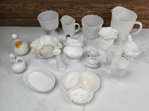 lot 327 image: (18) Assorted Milk Glass Items - Pitchers, Serving Dishes, Hens in Nests, Bottles, and more