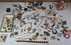 lot 310 image: Collection of Costume Jewelry Earrings, Brooches, Bracelets, and More