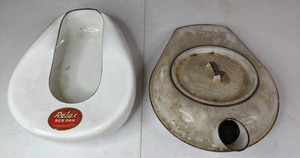 lot 120 image: 1950s Vintage Cesco Hospital Ware Enamelware Bed Pan with Lid & Jones Relax Bed Pan No.500, Enamel, Urinal